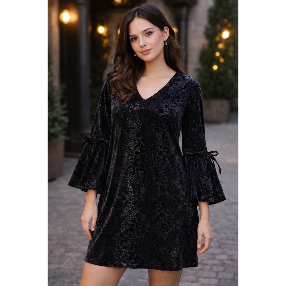Tribal Womens Velvet Snakeskin V-Neck Bell Sleeve Mini Dress Black Grey Size M